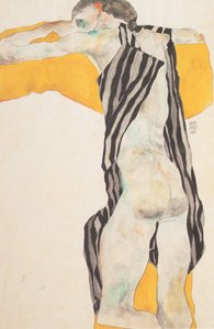 Nu féminin couché en chemise rayée